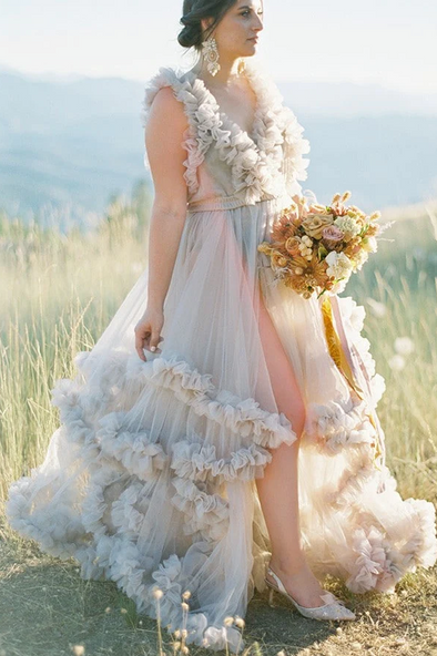 Light Gray Tulle Bohemian Wedding Dresses
