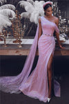 Sparkly One-Shoulder Slit Sequins Evening Prom Dress