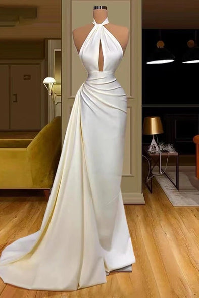 Halter White Evening Gown Elegant Pleat Mermaid Sexy Prom Dress