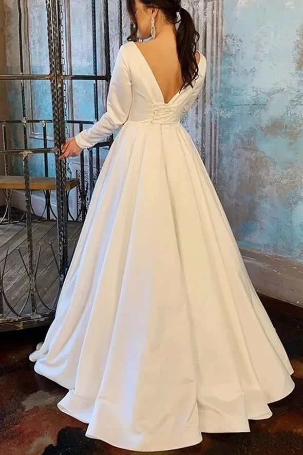 Classic Satin Full Sleeves A Line V Back Wedding Dress