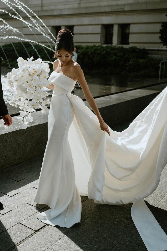 detachable train mermaid wedding dress with detachable skirt DaVinci Bridal 50783 Mermaid Fit And Flare Lace V-Neck Detachable Train Wedding Gown 10 / Ivory/Ivory