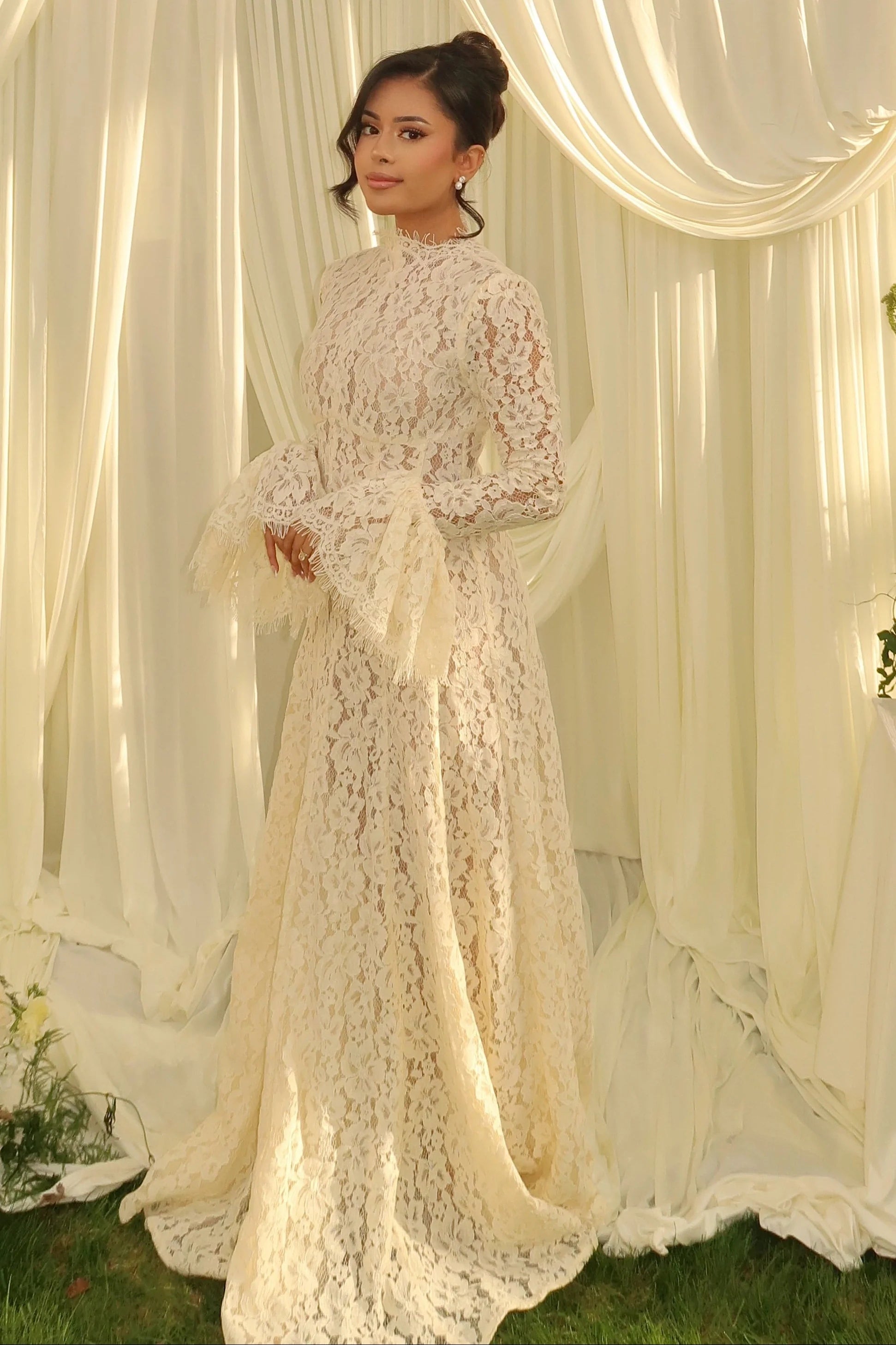 lace long sleeve a line wedding dress DZ9635 A Line Floral Lace Long Sleeves Wedding Dress – TANYA BRIDAL