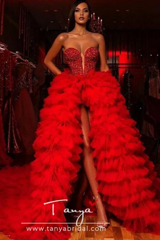 Gorgeous Red Crystal High Low Tulle Evening Dresses