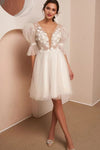 V Neck Backless Pearls Puff Sleeves Short Wedding Dresses