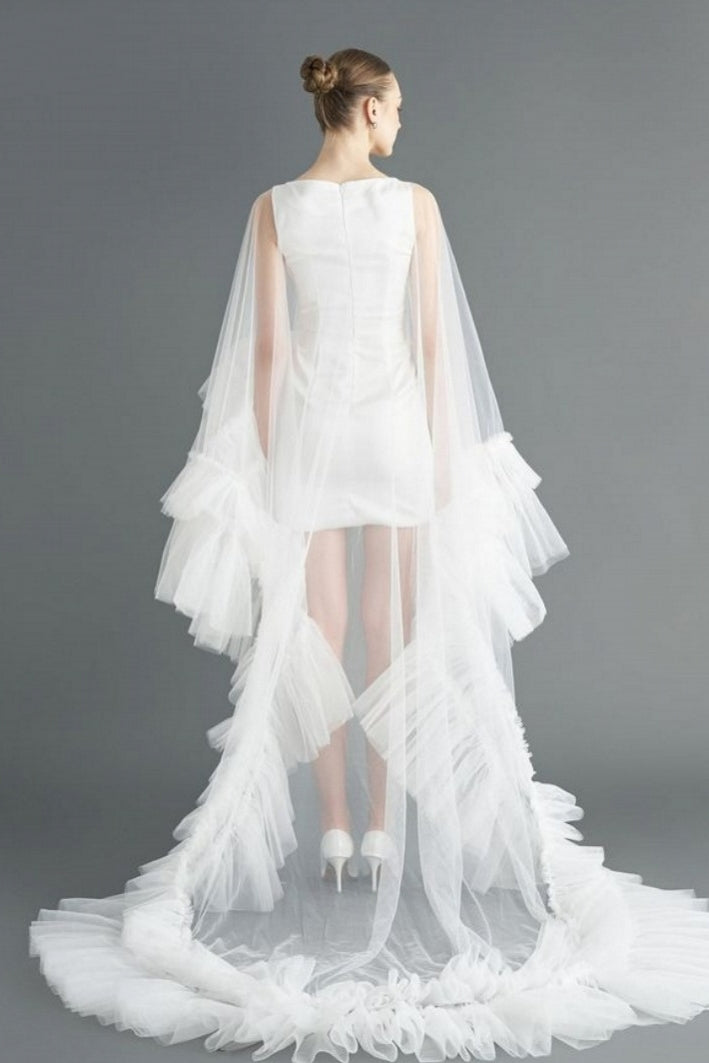 Ruffle Wedding Cape Sheer Long Wedding Cloak With Train – TANYA BRIDAL