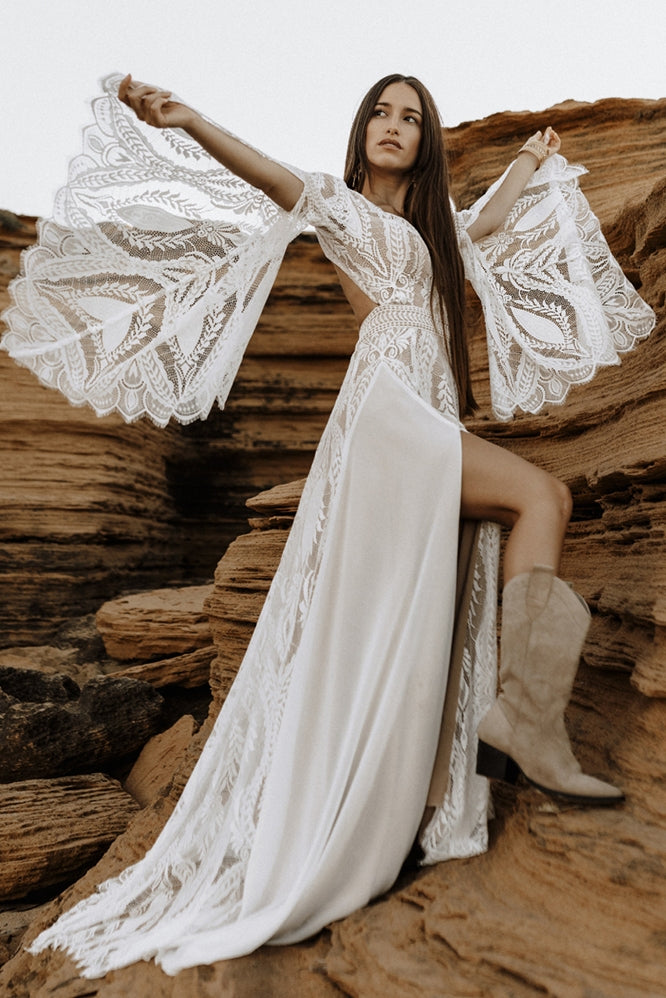 Long Split Bell Sleeves Boho Chiffon Lace Wedding Dress - Long Split Bell Sleeves Boho Chiffon Lace Wedding Dress -