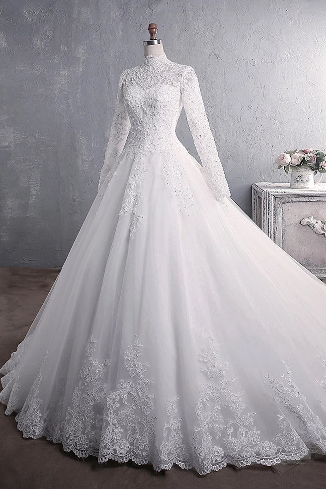 Muslim Wedding Dress Elegant High Neck With Train TB1471 – TANYA BRIDAL