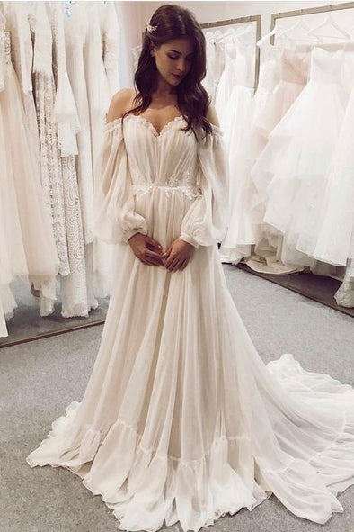 Bohemian Long Chiffon Off The Shoulder Wedding Dress