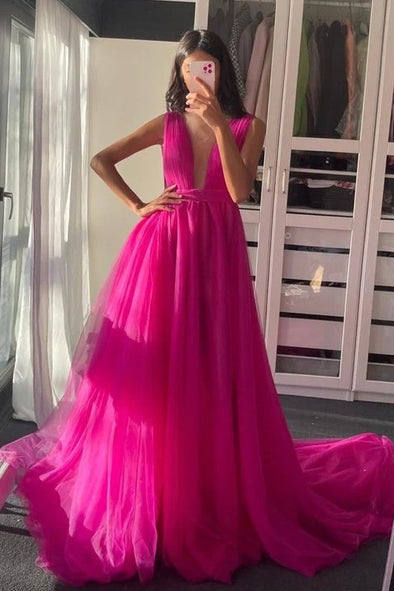 Fuchsia Deep V Tulle Sexy Prom Dress