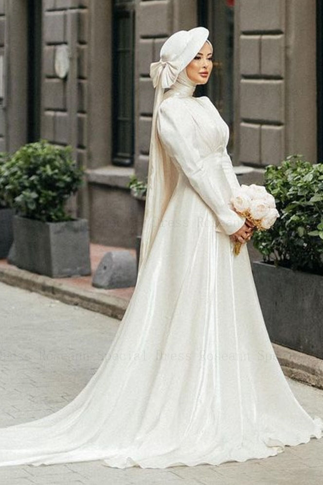 Muslim Simple A-line Wedding Dresses Satin Ribbon Draped Pleat - Muslim Simple A-line Wedding Dresses Satin Ribbon Draped Pleat -