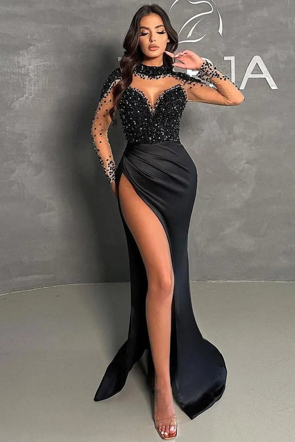 Black Mermaid Prom Dresses Beaded Side Split Evening Gowns