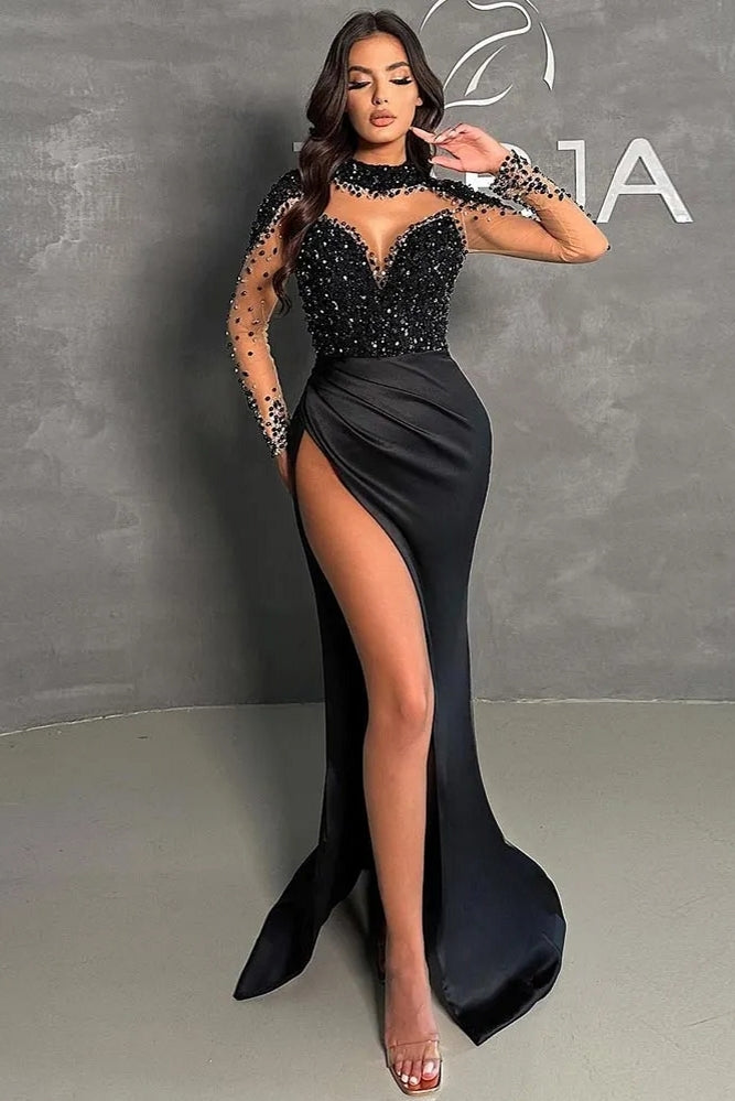 Black Mermaid Prom Dresses Beaded Side Split Evening Gowns TANYA BRIDAL Black Mermaid Prom Dresses Beaded Side Split Evening Gowns TANYA BRIDAL