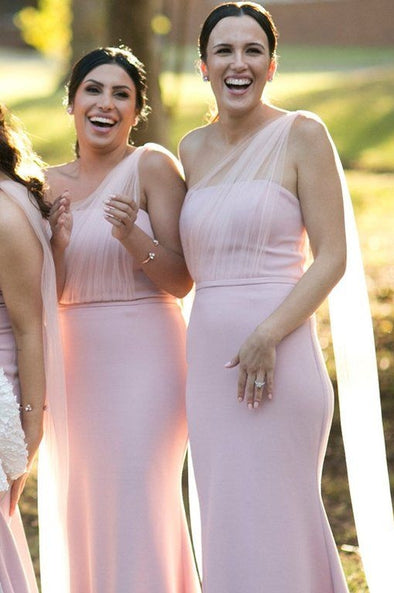 One Shoulder Mermaid Pink Long Bridesmaid Dress With Tulle Shawl