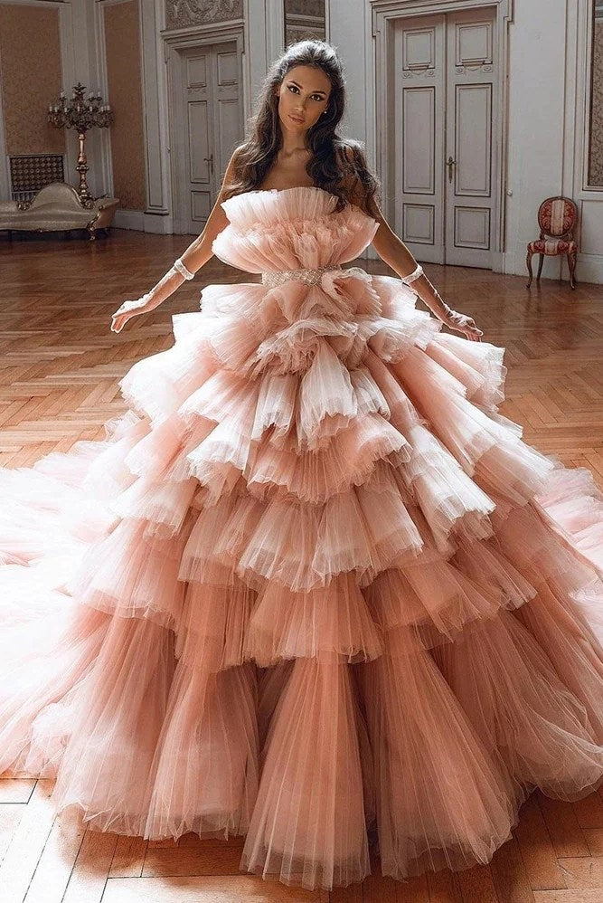ballgown prom dress Gorgeous Ball Gown Tiered Tulle Prom Dress Blush Pink – TANYA BRIDAL