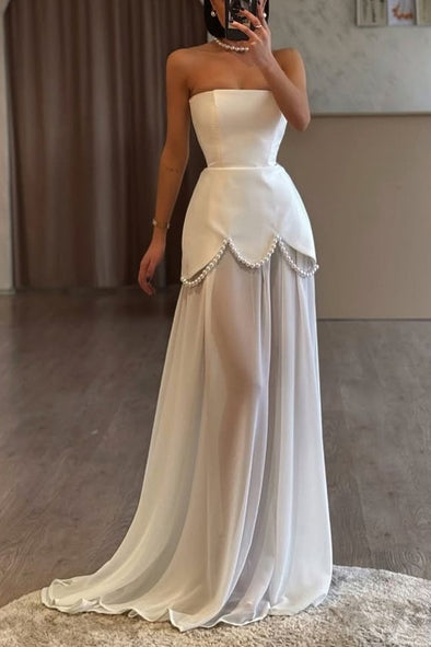 Romantic Long Wedding Dress Illusion Skirt Pearls With Chiffon Neck Veil