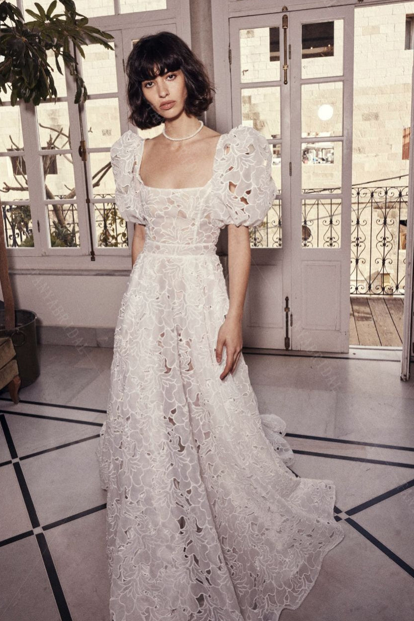 balconette lace dress Glorious Balconette Wedding Dress Soft Floral Lace DW766