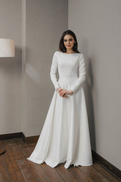 Modest Simple Wedding Dress Full Sleeves Round Neck