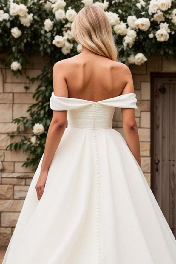 A Line Off The Shoulder Tulle Wedding Dress Pleated