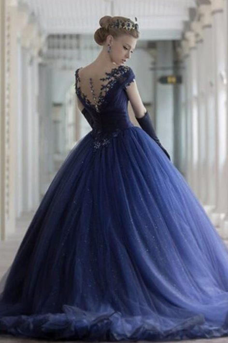 Long Royal Blue Ball Gown Prom Dress Short Sleeves