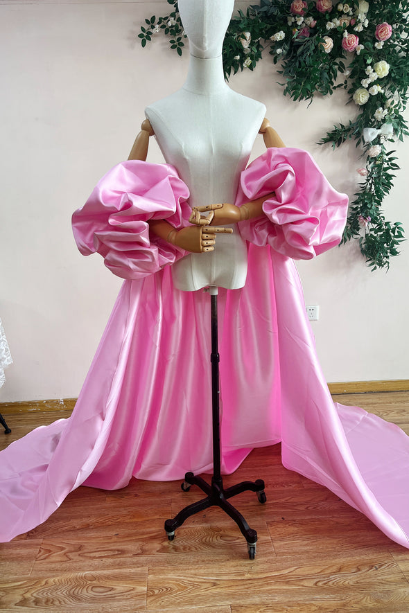 Pink Mikado Satin Long Wedding Party Outfit Lady Evening Cape