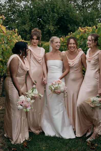 Elegant Mermaid Round Neck Blush Long Bridesmaid Dress Open Back