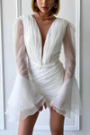V Neck Short Organza Wedding Dress Long Sleeves