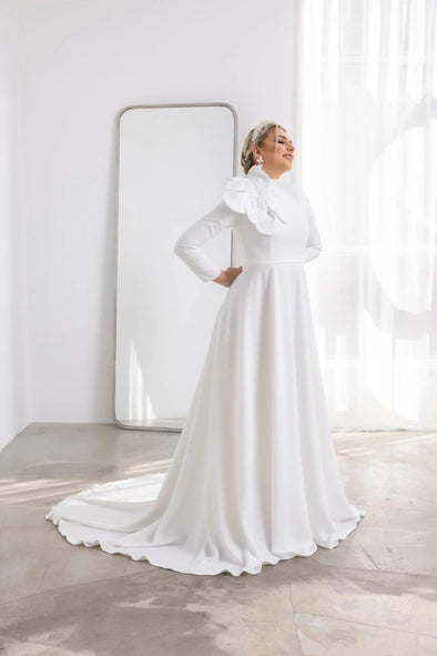 High Neck Full Sleeves A Line Simple Muslim Wedding Dresses With Rose