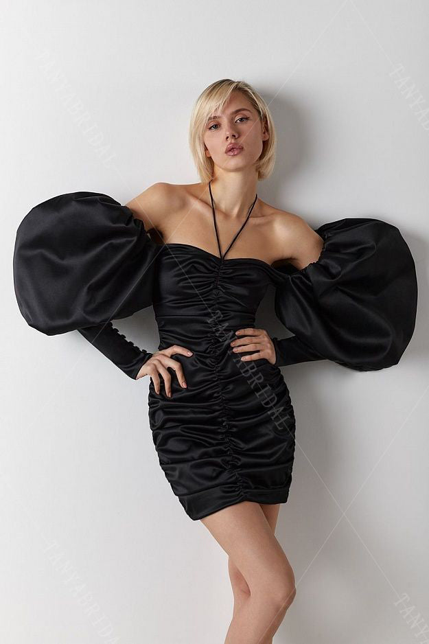 Black Organza Satin Cocktail Dresses With Puffy Detachable Sleeves DE0 TANYA BRIDAL Black Organza Satin Cocktail Dresses With Puffy Detachable Sleeves DE0 TANYA BRIDAL