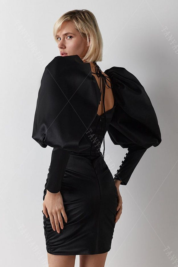 Black Organza Satin Cocktail Dresses With Puffy Detachable Sleeves  DE003