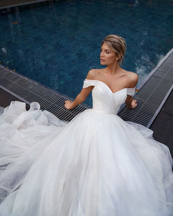 Long Tulle Off The Shoulder Simple Wedding Dress A Line Pleated