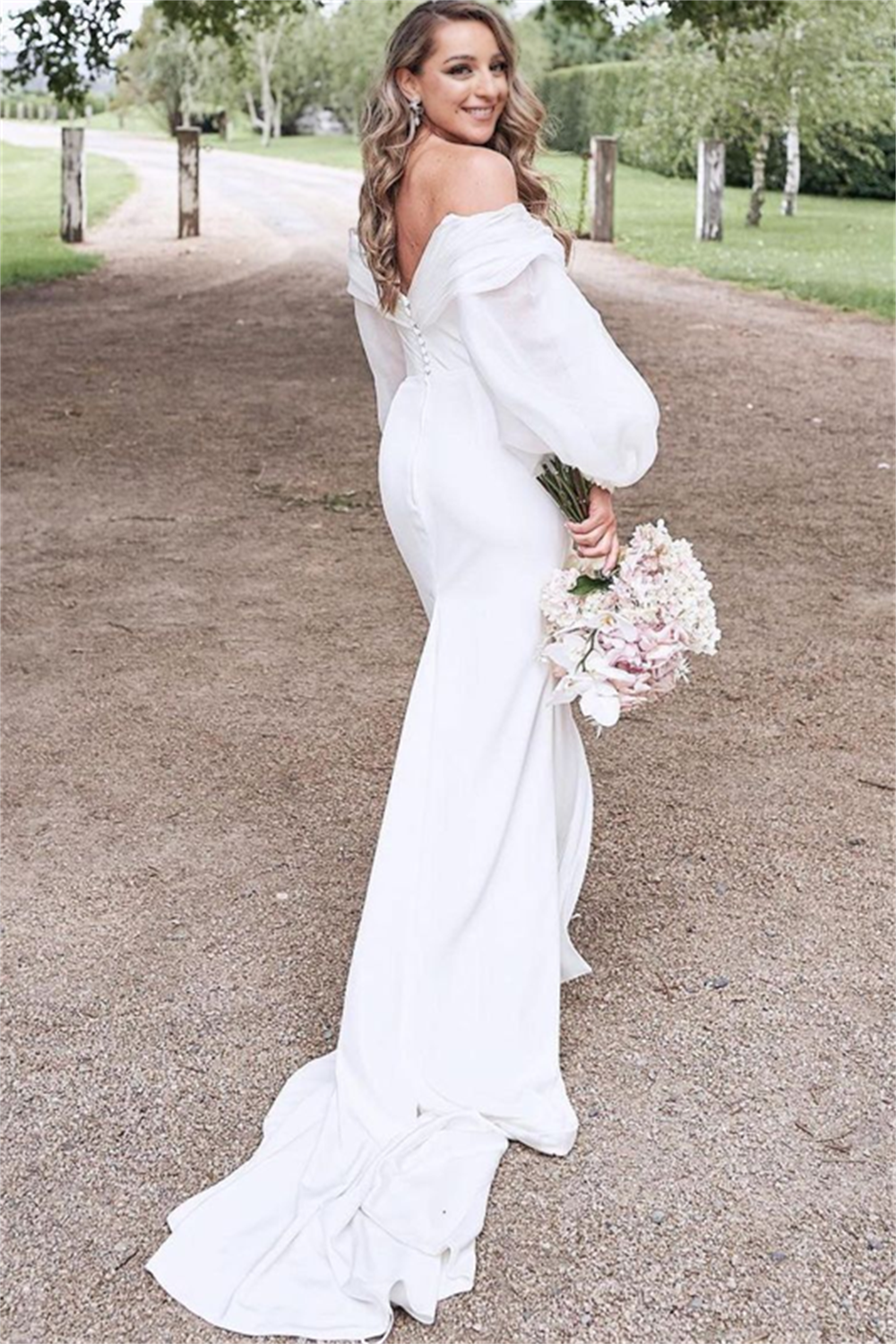 mermaid off the shoulder wedding dress Trumpet/Mermaid Off-the-Shoulder Court Train Stretch Crepe with Pleated Split S3071W - Wedding Dresses While walking Plunging Neckline Ivory Off-the-Shoulder Mermaid
