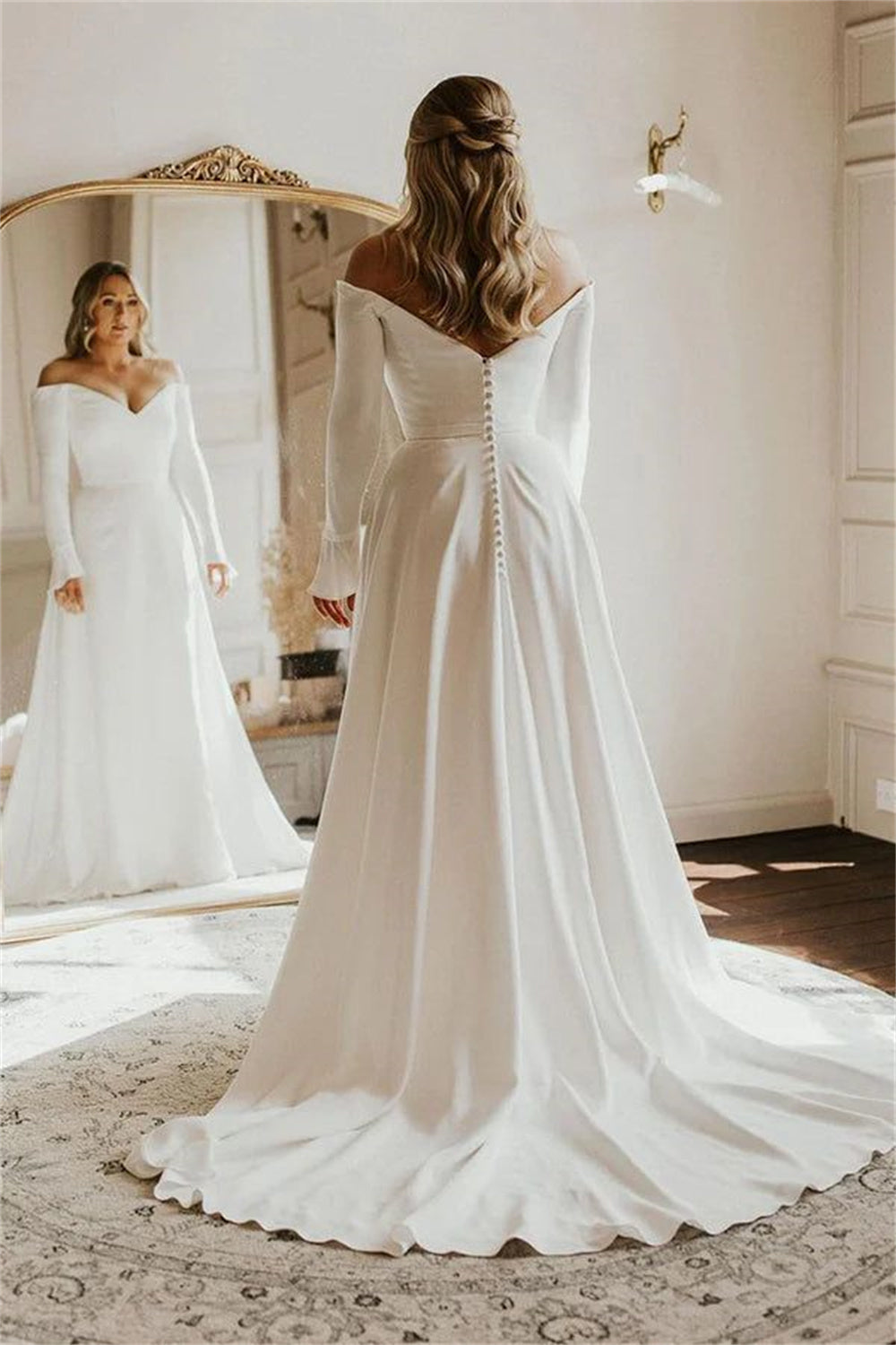 Simple A Line Off The Shoulder Wedding Dress Button Back TANYA BRIDAL Simple A Line Off The Shoulder Wedding Dress Button Back TANYA BRIDAL