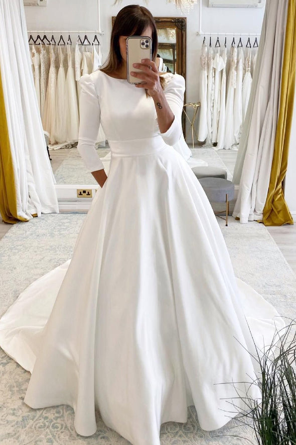 Vintage A-Line Long Satin Bateau-Neck Wedding Dress TANYA BRIDAL Vintage A-Line Long Satin Bateau-Neck Wedding Dress TANYA BRIDAL