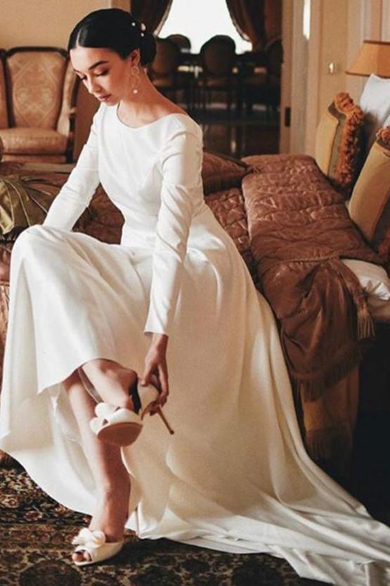 Vintage Satin A-Line Bateau Neckline Long Sleeves Wedding Dresses TANYA BRIDAL Vintage Satin A-Line Bateau Neckline Long Sleeves Wedding Dresses TANYA BRIDAL