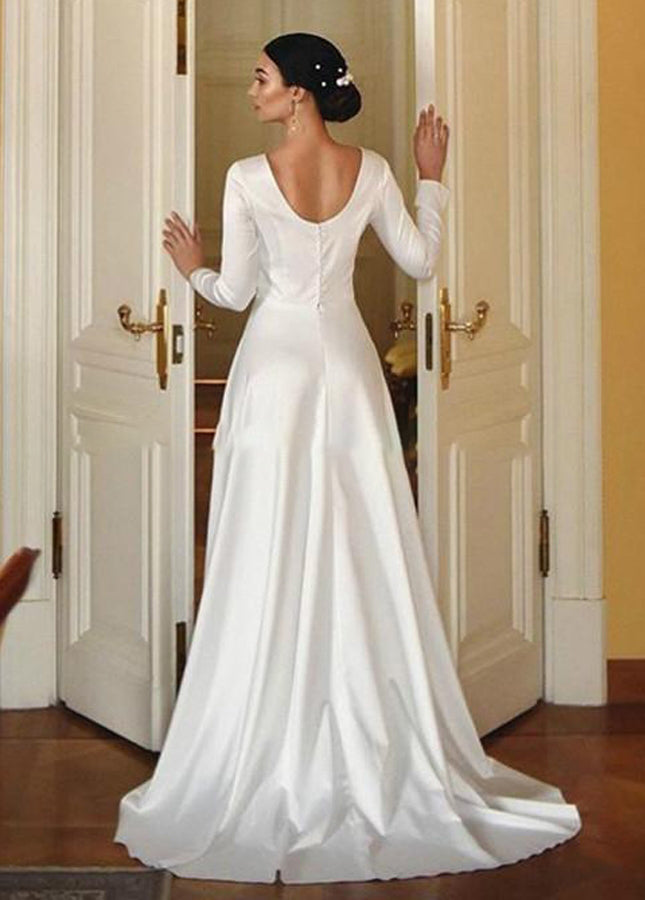 Vintage Satin A-Line Bateau Neckline Long Sleeves Wedding Dresses – TANYA BRIDAL Vintage Satin A-Line Bateau Neckline Long Sleeves Wedding Dresses – TANYA BRIDAL