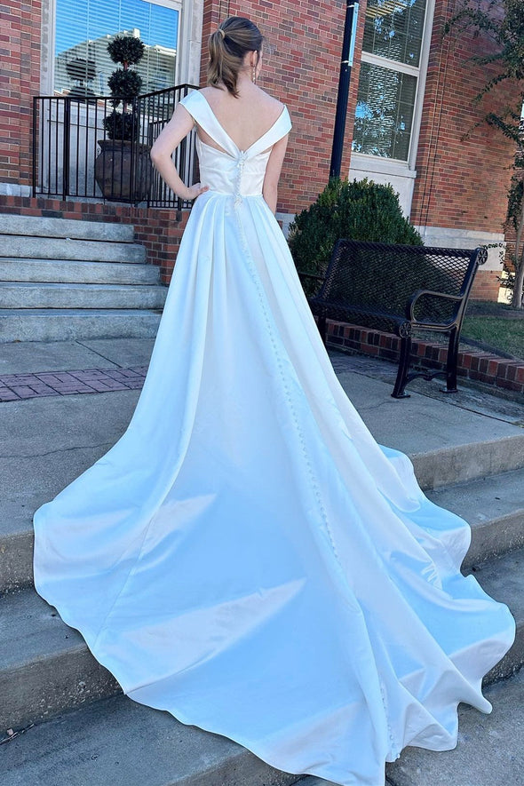 high waisted a line wedding dress Ethereal A-Line Wedding Dress with Tulle Layers & High Leg Slit