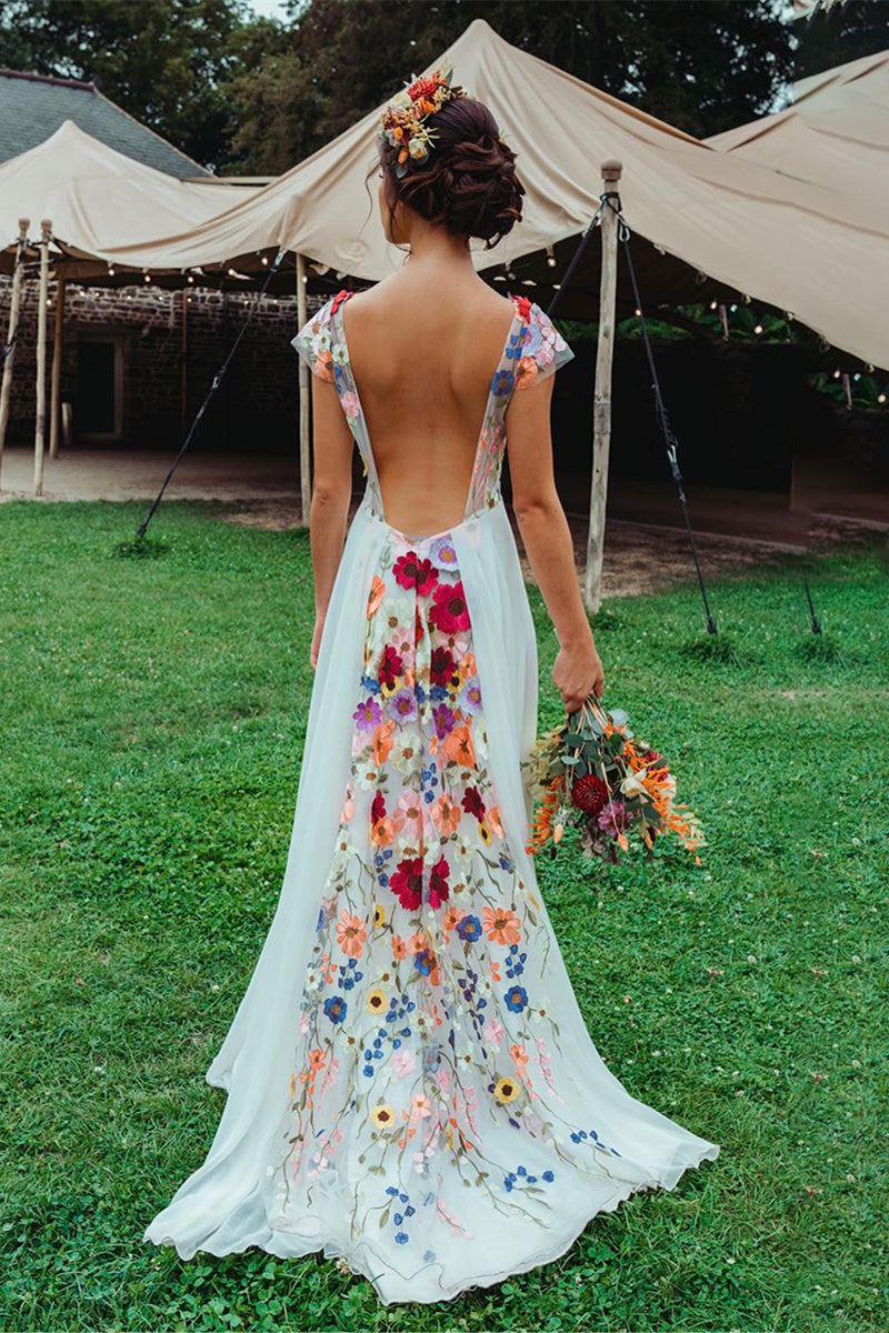 Colorful 3D Flowers Wedding Dress Cap Sleeves V Neck Colorful 3D Flowers Wedding Dress Cap Sleeves V Neck