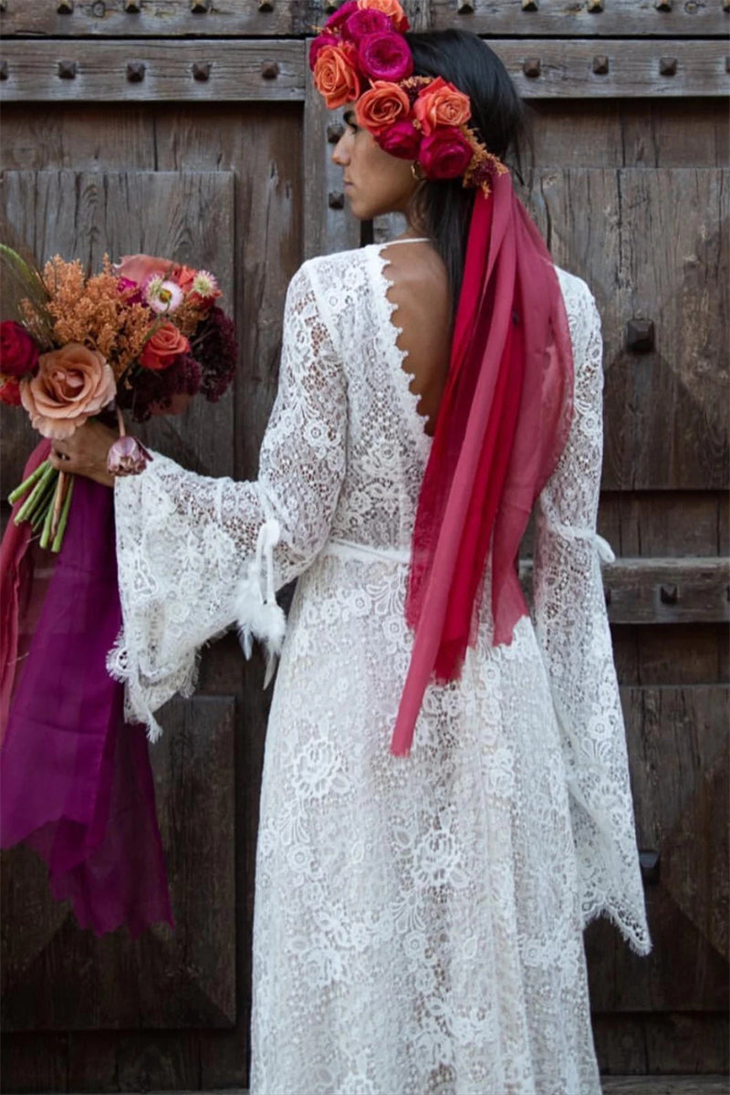 v neck wedding dress with bell sleeves Long Bell Wide Sleeves V Neck Bohemian Ourdoor Wedding Dress