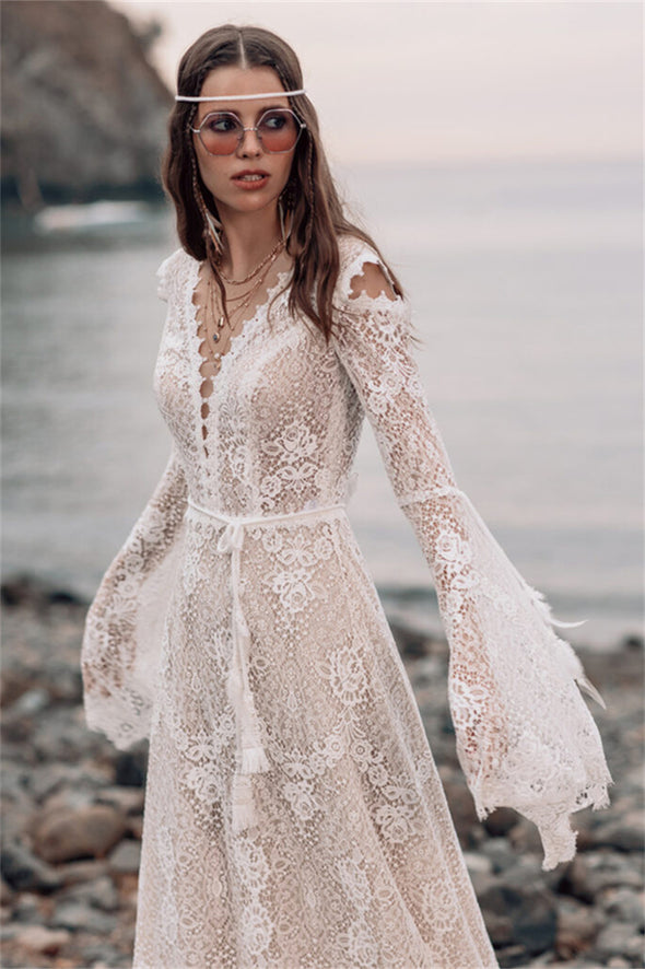 Long Bell Wide Sleeves V Neck Bohemian Ourdoor Wedding Dress – TANYA BRIDAL