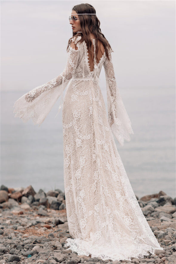 Long Bell Wide Sleeves V Neck Bohemian Ourdoor Wedding Dress – TANYA BRIDAL