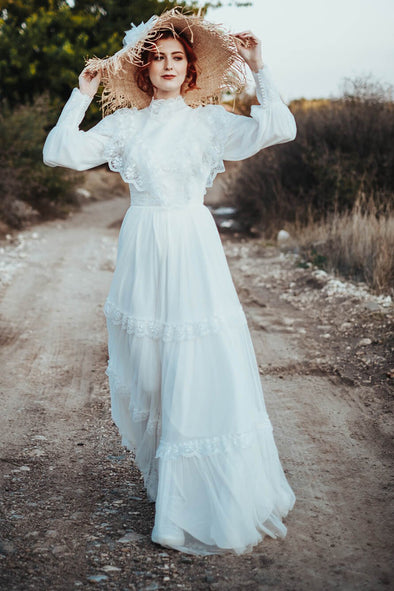 Long Puffy Sleeves Victorian Wedding Dress