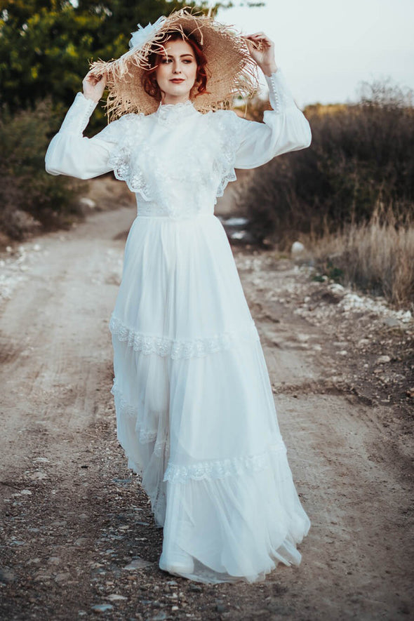 Long Puffy Sleeves Victorian Wedding Dress