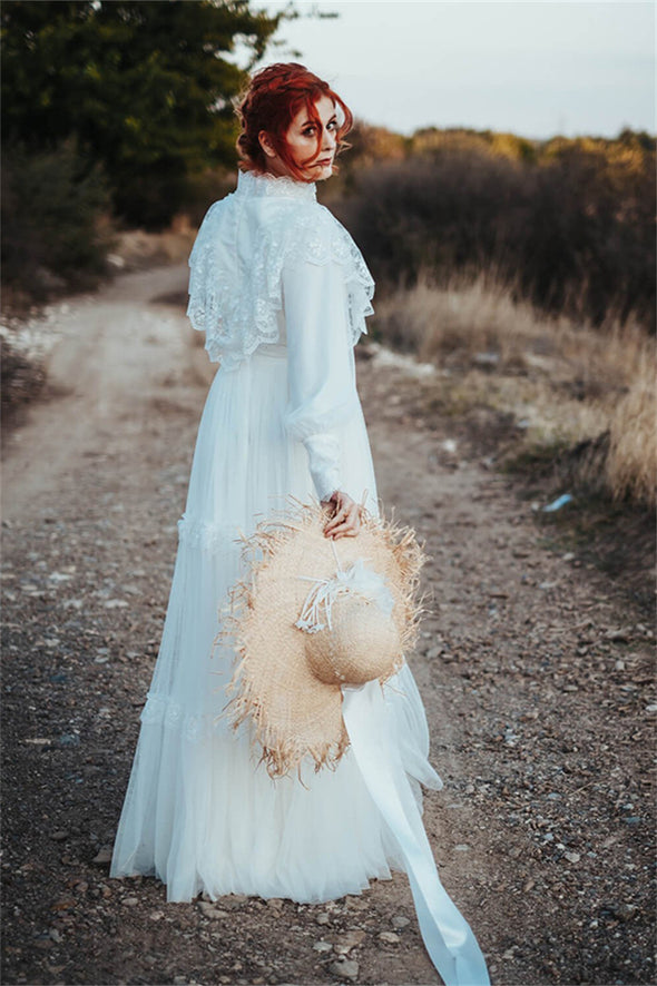 Long Puffy Sleeves Victorian Wedding Dress