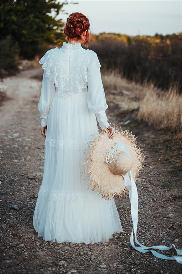 Long Puffy Sleeves Victorian Wedding Dress