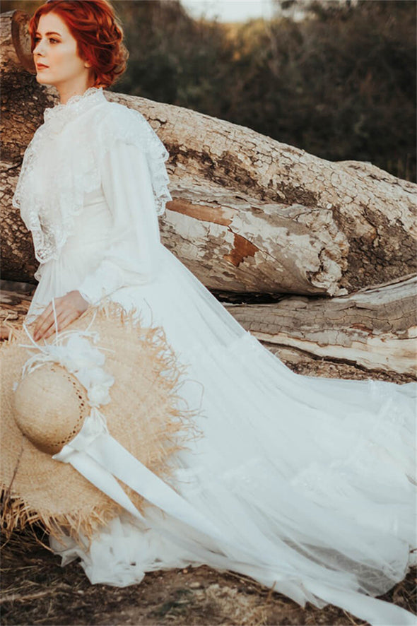 Long Puffy Sleeves Victorian Wedding Dress