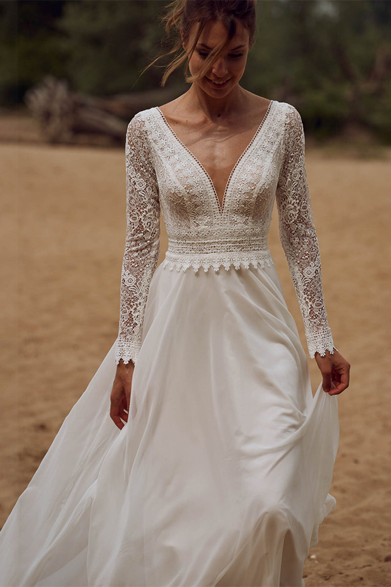 long sleeve floral dress for wedding Long Sleeves Floral Lace Wedding Dress V Neck – TANYA BRIDAL