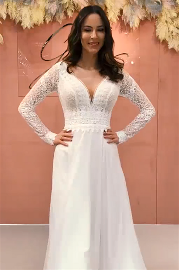 Long Sleeves Floral Lace Wedding Dress V Neck