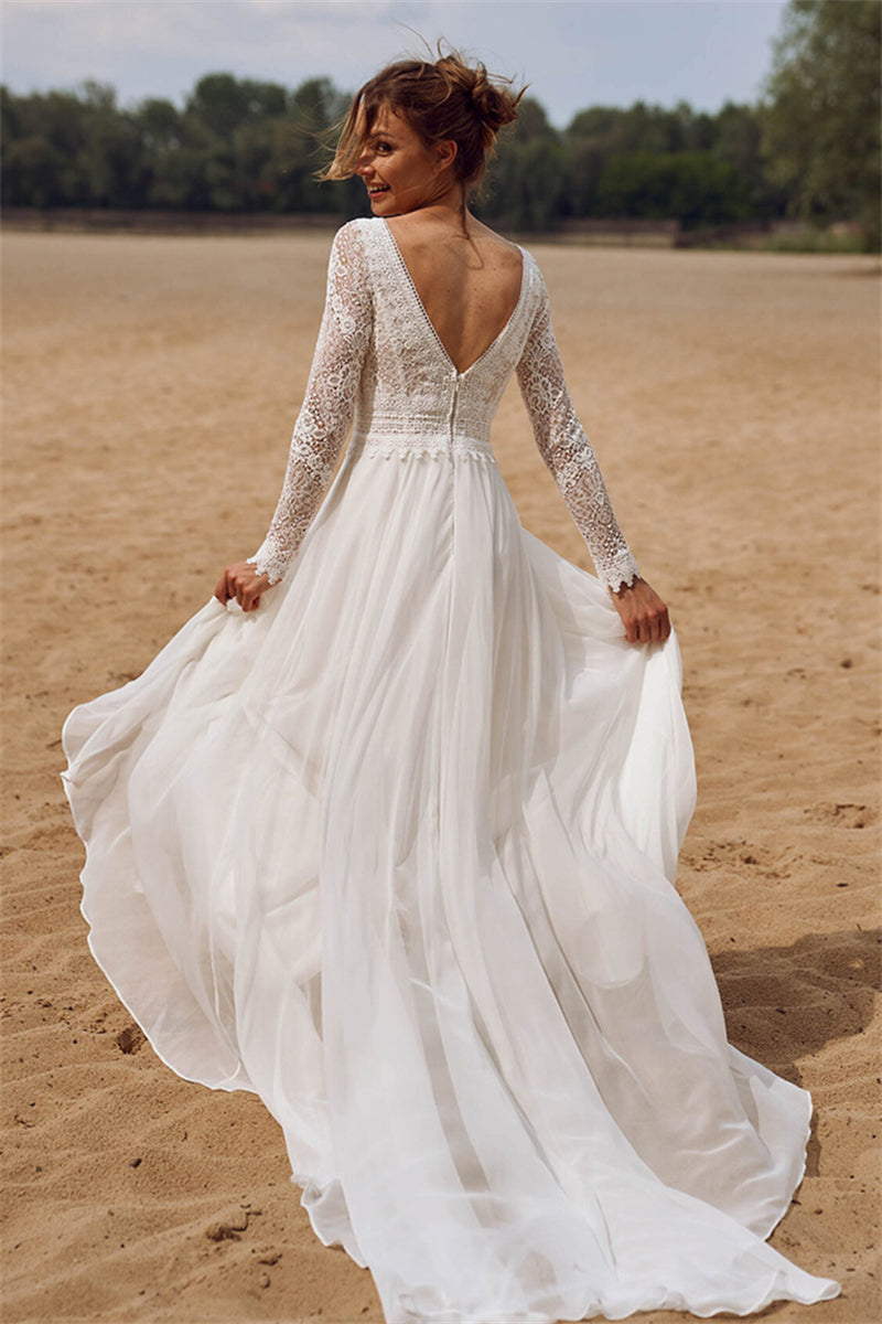 Long Sleeves Floral Lace Wedding Dress V Neck TANYA BRIDAL Long Sleeves Floral Lace Wedding Dress V Neck TANYA BRIDAL