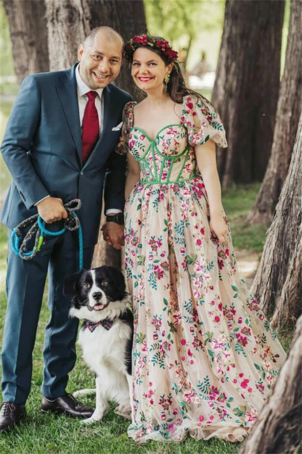 Short Bubble Sleeves Colorful Embroidered Bridal Gown A Line