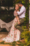 Short Bubble Sleeves Colorful Embroidered Bridal Gown A Line